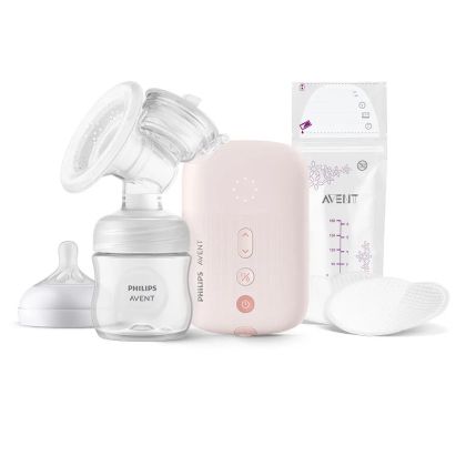 Philips AVENT Единична електрическа помпа Natural Motion Advanced с 1 бр. полипропиленово шише от 125 мл с биберон Natural Response 0м+, 5 бр. торбички за кърма и 4 бр. подплънки