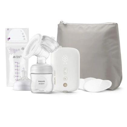 Philips AVENT Единична електрическа помпа Natural Motion Premium с 1 бр. полипропиленово шише 125 мл с биберон Natural Response 0м+, Несесер за пътуване, 5 бр. торбички за кърма и 4 бр. подплънки