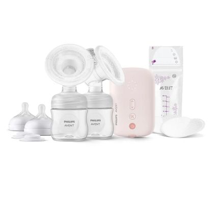 Philips AVENT - Natural Motion Advanced - Двойна електрическа помпа с 2 бр. полипропиленови шишета 125 мл с биберон Natural Response 0м+, 5 бр. торбички за кърма и 4 бр. подплънки