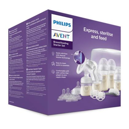 Комплект за кърмене Philips Avent SCD430/50 с ръчна помпа за кърма Natural Motion, стерилизатор за микровълнова, шишета Natural Response 2 бр. от 125мл и 2 броя от 260мл, 2 бр. залъгалки 0-6м, 4 биберона Natural Response, четка