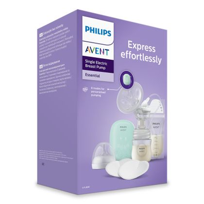 Philips AVENT - Комплект от Единична електрическа помпа за кърма Essential, 1 бр. шише Natural Response 125 мл, 5 бр. торбички за кърма и 4 бр. подплънки
