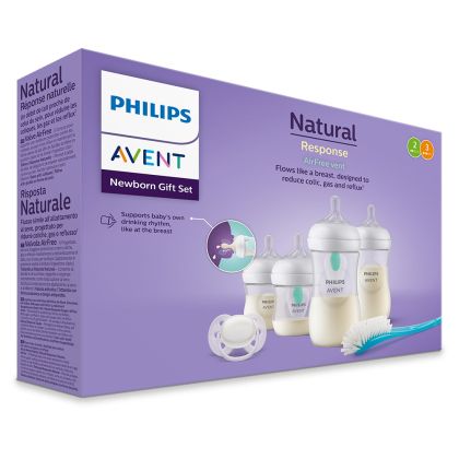 Philips AVENT - Комплект шишета за новородено с 4 шишета за хранене Natural Response с биберони без протичане, клапа AirFree, залъгалка Ultra Soft и четка за почистване