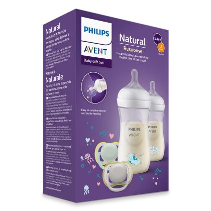 Philips AVENT - Комплект шишета за новородено CD837/11 Октоподи с 2 бр. шишета за хранене Natural Response 260 мл с биберони без протичане със среден поток и 2 бр. залъгалки Ultra Air 0-6м
