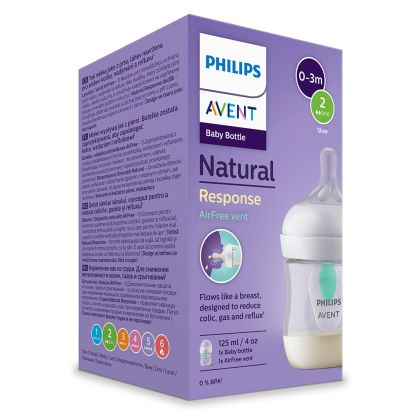 Philips AVENT - Шише за хранене Natural Response с клапа AirFree 125 мл с биберон без протичане Natural Response с бавен поток, SCY670/01