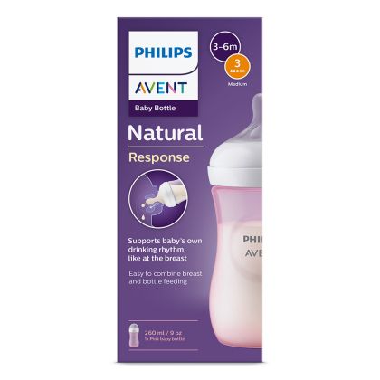 Philips AVENT - Шише за хранене Natural Response 260 мл с биберон без протичане Natural Response Поток 3, 1м+, Розово, SCY903/11