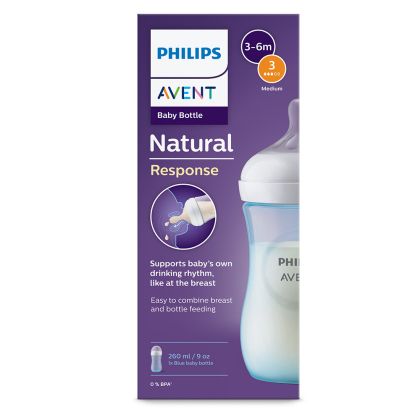 Philips AVENT - Шише за хранене Natural Response 260 мл с биберон без протичане Natural Response Поток 3, 1м+, Синьо, SCY903/21