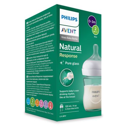 Philips AVENT SCY930/01 - Стъклено шише за хранене Natural Response 120 мл с биберон без протичане Natural Response с бавен поток, 0м+