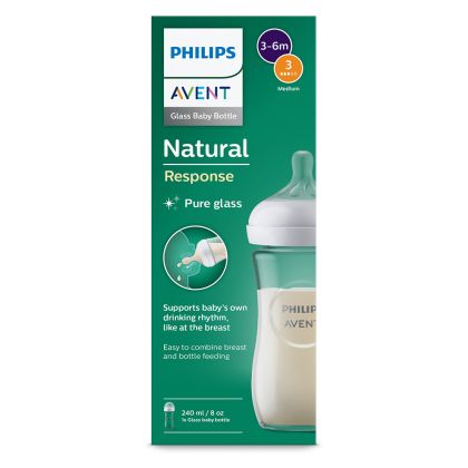 Philips AVENT SCY933/01 - Стъклено шише за хранене Natural Response 240 мл с биберон без протичане Natural Response с бърз поток
