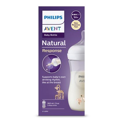 Philips AVENT SCY903/66 - Шише за хранене Natural Response 260 мл с биберон без протичане Natural Response Поток 3, 1м+, с картинка Жирафи