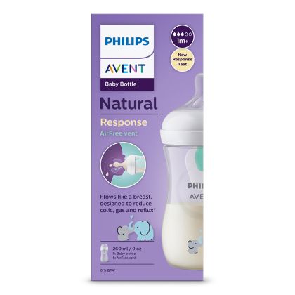 Philips AVENT SCY673/81 - Шише за хранене Natural Response с клапа AirFree 260 мл с биберон без протичане Natural Response Поток 3, с картинкa Слончета, 1м+