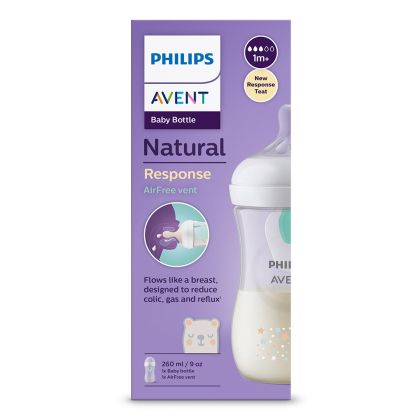 Philips AVENT SCY673/82 - Шише за хранене Natural Response с клапа AirFree 260 мл с биберон без протичане Natural Response Поток 3, с картинки Звезди и Мече, 1м+