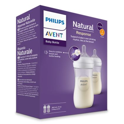 Philips AVENT - Комплект от 2 бр. шишета за хранене Natural Response 260 мл с биберон без протичане Natural Response със среден поток, 3-6м