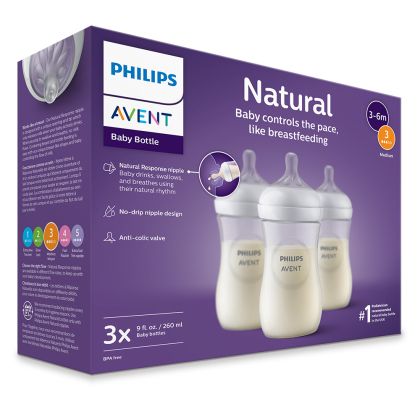 Philips AVENT SCY903/03 - Комплект от 3 бр. шишета за хранене Natural Response 260 мл с биберон без протичане Natural Response със среден поток, 3м+