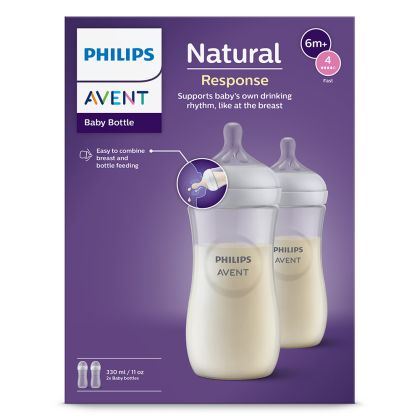 Philips AVENT SCY906/02 - Комплект от 2 броя шишета за хранене Natural Response 330 мл с биберон без протичане Natural Response Поток 4, 3м+