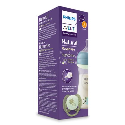 Philips AVENT SCD838/17 - Нощен комплект за бебе с шише за хранене Natural Response 260 мл с биберон без протичане със среден поток и залъгалка Ultra Soft