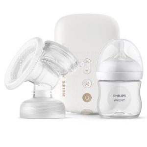 Philips AVENT Единична електрическа помпа Natural Motion Premium с 1 бр. полипропиленово шише 125 мл с биберон Natural Response 0м+, Несесер за пътуване, 5 бр. торбички за кърма и 4 бр. подплънки