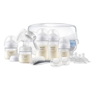 Комплект за кърмене Philips Avent SCD430/50 с ръчна помпа за кърма Natural Motion, стерилизатор за микровълнова, шишета Natural Response 2 бр. от 125мл и 2 броя от 260мл, 2 бр. залъгалки 0-6м, 4 биберона Natural Response, четка