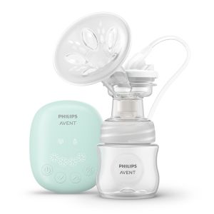 Philips AVENT - Комплект от Единична електрическа помпа за кърма Essential, 1 бр. шише Natural Response 125 мл, 5 бр. торбички за кърма и 4 бр. подплънки