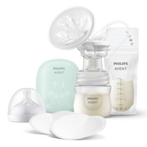 Philips AVENT - Комплект от Единична електрическа помпа за кърма Essential, 1 бр. шише Natural Response 125 мл, 5 бр. торбички за кърма и 4 бр. подплънки