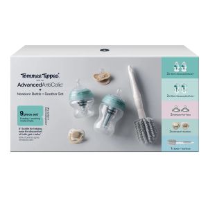 Комплект от 4 броя самостерилизиращи се бебешки шишета за хранене Tommee Tippee Advanced Anti-Colic, 2 бр. биберони, 2 бр. залъгалки и четка за почистване на шишета