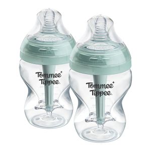 Комплект от 4 броя самостерилизиращи се бебешки шишета за хранене Tommee Tippee Advanced Anti-Colic, 2 бр. биберони, 2 бр. залъгалки и четка за почистване на шишета