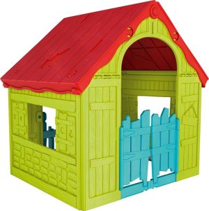 Сгъваема пластмасова къща за игра Keter Wonderfold, Зелена/Червена/Синя