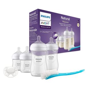Комплект за новородено Philips AVENT SCD838/11 с 4 шишета за хранене Natural Response с биберони без протичане, залъгалка Ultra Soft и четка за почистване