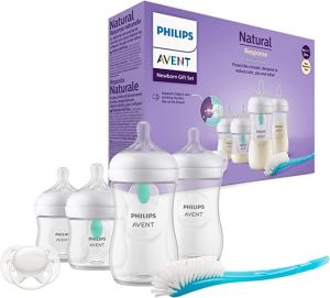Комплект за новородено Philips AVENT SCD657/11 с 4 шишета за хранене Natural Response с биберони без протичане, клапа AirFree, залъгалка Ultra Soft и четка за почистване